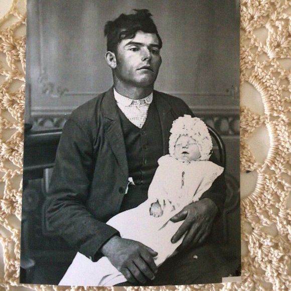 Post Mortem Death Photo Tiny Baby & Father Reprint Of Early 1900 Photo - Picture 1 of 7